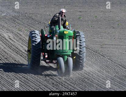 Mount Pleasant, WI, États-Unis. 30 avril 2021. RON BRASKAMP fertilise cinq acres de maïs nouvellement planté avec son tracteur John Deere 1959 dans le village de Mount Pleasant, près de racine, Wisconsin, le vendredi 30 avril 2021. (Image de crédit : © Mark HertzbergZUMA Wire) Banque D'Images