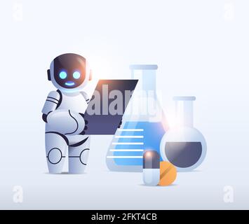 robot-chimiste avec tubes à essai faisant des expériences chimiques en laboratoire microbiologie science technologie de l'intelligence artificielle Illustration de Vecteur