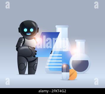 robot-chimiste avec tubes à essai faisant des expériences chimiques en laboratoire microbiologie science technologie de l'intelligence artificielle Illustration de Vecteur