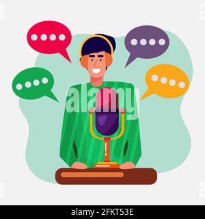 jeune homme enregistrant une illustration vectorielle de podcast dans un style plat Illustration de Vecteur