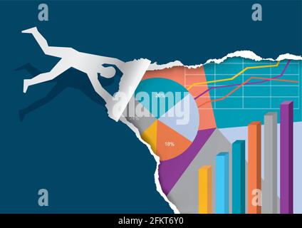 Présentation des résultats économiques réussis, homme volant, déchirant le papier. Déchirant le papier de silhouette masculin stylisé et en découvrant les cartes économiques. Illustration de Vecteur