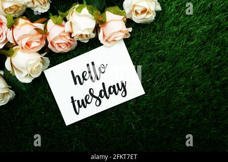 Bonjour mardi message texte écrit sur carte de papier avec bouquet de fleurs de roses vue de dessus sur fond d'herbe verte artificielle Banque D'Images
