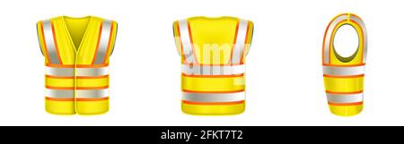 Gilet de sécurité jaune à rayures réfléchissantes, uniforme pour les travaux de construction, les conducteurs et les travailleurs de la route. Gilet Vector Realistic 3d avec réflecteurs à l'avant, vue arrière, isolé sur fond blanc Illustration de Vecteur