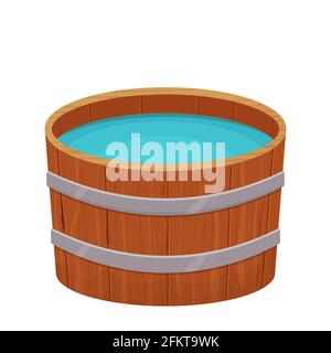 Baignoire en bois avec eau dans un style de dessin animé plat isolé sur fond blanc. Sauna naturel traditionnel, équipement de bain. Illustration vectorielle Illustration de Vecteur