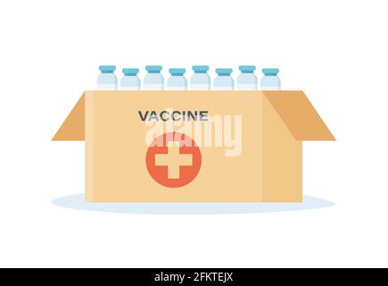 Boîte de vaccin contre le coronavirus. Livraison du vaccin à l'hôpital. Campagne anti-virus. Illustration vectorielle isolée sur un modèle plat en blanc Illustration de Vecteur