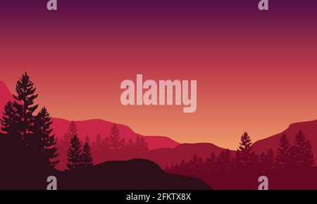 Un panorama fantastique de montagnes et silhouettes de pins de la périphérie de la ville au crépuscule. Illustration vectorielle d'une ville Illustration de Vecteur