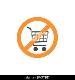 Panier avec signe orange. Pas de chariot icône simple isolée sur fond blanc. Chariot de stockage interdit avec roues. Illustration de Vecteur