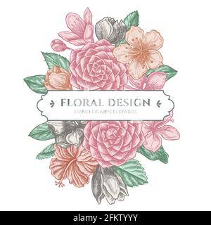 Bouquet fleuri avec hibiscus pastel, fleurs de prune, fleurs de pêche, fleurs de sakura, fleurs de magnolia, camellia japonica Illustration de Vecteur
