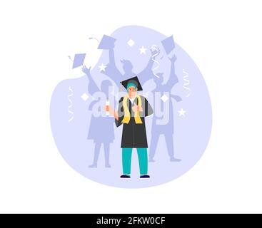 Cérémonie de remise des diplômes à la composition de l'université ou du collège. Les hommes et les femmes heureux diplômés portant une robe universitaire jette les chapeaux carrés vers le haut. Art plat Vect Illustration de Vecteur