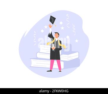 Cérémonie de remise des diplômes à la composition de l'université ou du collège. Joyeux homme de remise des diplômes portant la robe académique jette le chapeau vers le haut obtient la graduation universitaire diplom Illustration de Vecteur