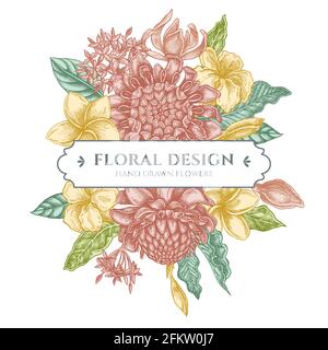 Bouquet fleuri avec plumeria pastel, allamanda, clerodendrum, champak, etlingera, ixora Illustration de Vecteur