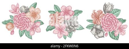 Bouquet de fleurs d'hibiscus pastel, fleurs de prune, fleurs de pêche, fleurs de sakura, fleurs de magnolia, camellia japonica Illustration de Vecteur