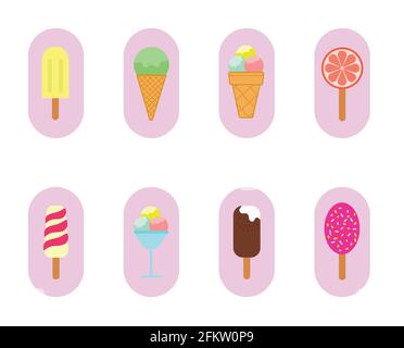 Ensemble d'icônes de crème glacée, différentes variétés de dessert de crème glacée congelée. Lally à la crème glacée, popsicle, popsicle à la vanille au chocolat, sorbet gaufré, gla Illustration de Vecteur