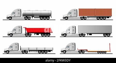 Ensemble d'images d'un camion américain moderne avec différent variantes de semi-remorques isolées sur fond blanc Banque D'Images