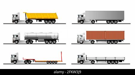 Ensemble d'images d'un camion européen moderne avec différentes variantes de semi-remorques isolées sur un fond blanc. Banque D'Images