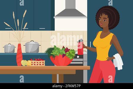 Cuisinez la nourriture, l'alimentation et le sport mode de vie sain, sportive belle fille cuisson salade fraîche Illustration de Vecteur