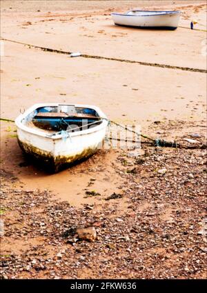 Des bateaux à rames amarrés ont été déportés à basse vitesse le long de « Riverside » à Shaldon, Devon Banque D'Images