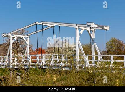 Pont de Hogendiekbrücke, pont en bois traversant la rivière Lühe dans la région d'Altes Land en Basse-Saxe, fleurissant des arbres en arrière-plan Banque D'Images