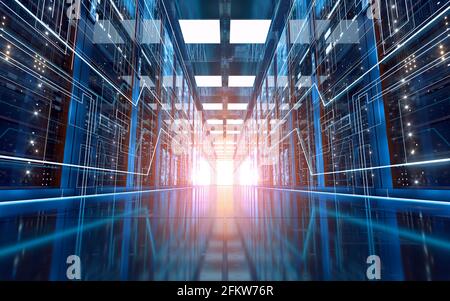 Racks de serveurs dans le centre de données de la salle des serveurs de sécurité du réseau informatique, rendu 3d. Dessin numérique informatique. Banque D'Images