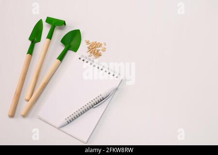 Outils de jardin - une pelle, un râteau, un carnet propre, un stylo à bille, des graines. Vue de dessus. Maquette Banque D'Images