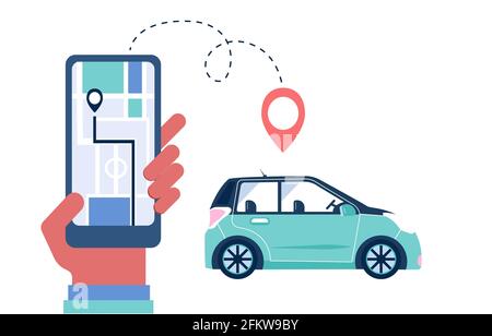 Application pour smartphone pour le partage de voiture et le service de location. Grand écran pour le partage de voitures en ligne et le covoiturage de voyage avec l'itinéraire et les points de localisation sur un Illustration de Vecteur