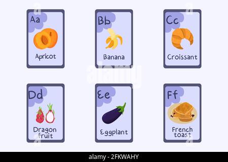 Flashcard alphabet coloré lettre A, B, C, D, E, F - abricot, banane, croissant, fruit dragon, aubergine, pain grillé. Cartes sur le thème des aliments pour enseigner la lecture avec les aliments, les légumes, les fruits et les noix. Illustration de Vecteur