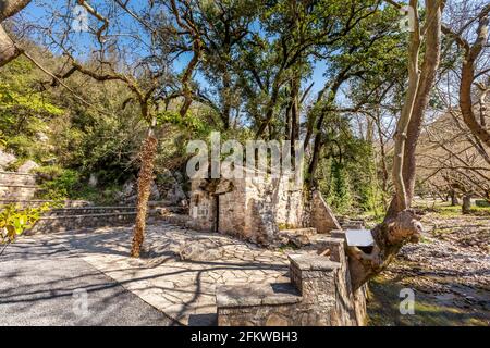 Agia Théodora de Vasta miracle église dans le Péloponnèse, Grèce. Les arbres qui poussent sur le toit sans racines à l'intérieur Banque D'Images