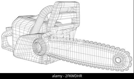 Tronçonneuse à essence. Instrument professionnel, outil de travail. Illustration technique châssis de fil. Rendu vectoriel 3D Illustration de Vecteur