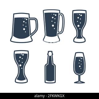 Ensemble logo bière. Mugs et bouteilles en verre, icônes en ligne fine. Articles de boisson Vector pour le bar-café Illustration de Vecteur