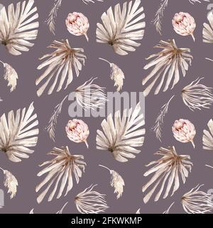 Dessin aquarelle transparente des motifs floraux avec protea rose, feuilles, branches et fleurs. Or Motif rose bohême prorea. Arrière-plan de gre Banque D'Images