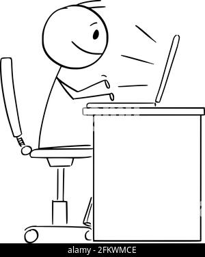 Personne ou travailleur de bureau travaillant ou tapant sur un ordinateur, Vector Cartoon Stick Figure Illustration Illustration de Vecteur