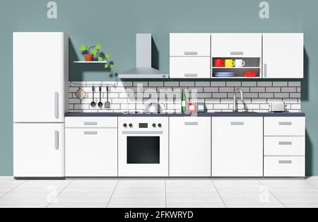 Rendu intérieur de cuisine moderne blanc - illustration 3d Banque D'Images