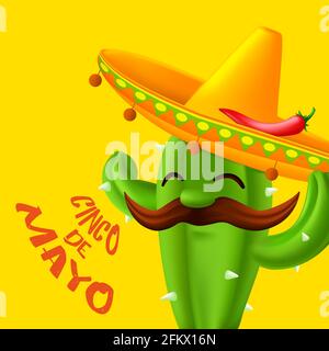 Cactus mexicain avec moustaches dans un chapeau de sombrero avec piment rouge sur lui. Personnage de dessin animé drôle isolé sur fond jaune. Vecteur illustrat Illustration de Vecteur