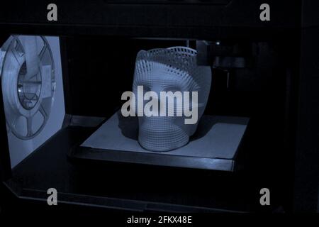 Crâne imprimé en plastique gris bleu sur imprimante 3d. Banque D'Images