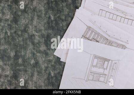 La sélection de remodelage sur le projet architectural de cuisine personnalisée fait à la dessin de cuisine Banque D'Images