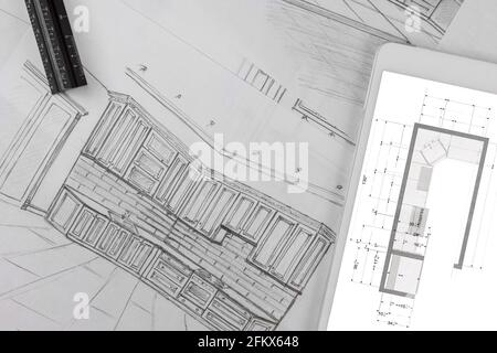 Projet de cuisine architecturale fait un plan selon la coutume dessin de cuisine Banque D'Images
