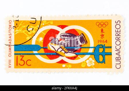 Timbre-poste « Cuba Correos » antique sur le thème des XVIII Jeux Olympiques de Tokyo, au Japon. Édition 1964 Banque D'Images