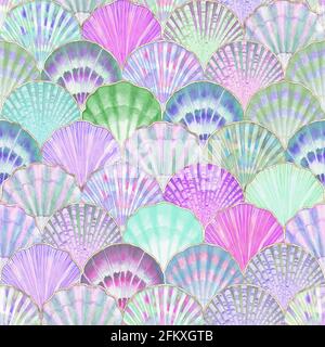 Aquarelle coquillage vagues japonaises motif sans couture. Coquillages dessinés à la main texture fond d'océan vintage. Illustration marine aquarelle. Imprimer pour Banque D'Images