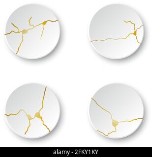Ensemble de fissures Kintsugi or. Effet cassé et craquelé, craquelure et texture endommagée. Les illustrations vectorielles peuvent être utilisées pour les décorations kintsugi, les murs Illustration de Vecteur