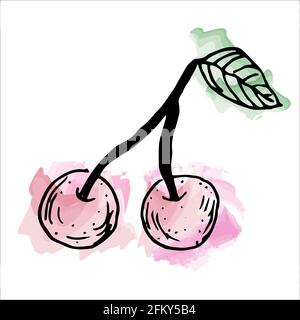Imitation de peinture aquarelle. Illustration lumineuse et juteuse de cerise sucrée, sur fond blanc. Illustration de Vecteur