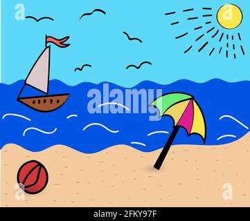 Paysage de la côte de mer avec un parapluie et un yacht sur la mer, dessin dans un drôle de style de dessin animé Illustration de Vecteur