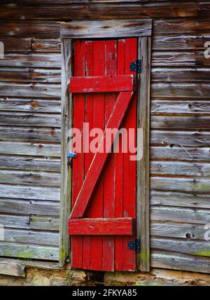 La porte rustique, en bois, de la grange est peinte en rouge vif. Le bâtiment est le début de la pourriture et les panneaux ont besoin d'être réparés. Les panneaux forment la lettre Z. Banque D'Images