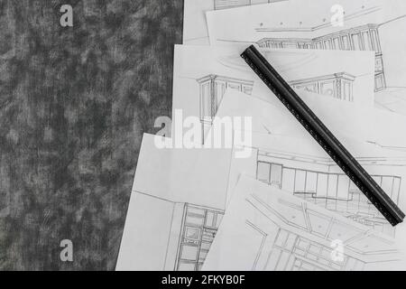 Dessin d'un designer d'intérieur d'une cuisine dans un processus de dessin de projets de conception intérieure Banque D'Images