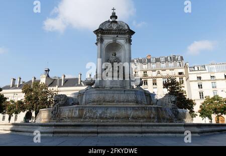 La Fontaine Saint-Sulpice ou la Fontaine des quatre évêques construite entre 1844 et 1848 près de l'église Saint-Sulpice, Paris, France. Banque D'Images