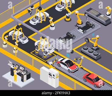 Chaîne de production de véhicules électriques montage et peinture robotisés télécommandés illustration du vecteur de composition isométrique de l'élément de système de convoyeur Illustration de Vecteur