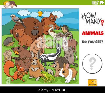 Illustration du jeu éducatif de comptage pour les enfants avec des animaux de dessin animé groupe de caractères Illustration de Vecteur