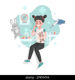 Vaccination de petite fille mignon contre différentes maladies vecteur plat dessin animé illustration. Médecin ou pédiatre faire l'injection à l'enfant. Immunité santé contre les maladies dangereuses, les virus. Illustration de Vecteur