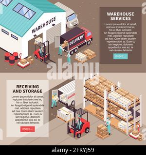 Bannières horizontales logistiques avec services d'entrepôt, réception et stockage isométriques illustration vectorielle de compositions Illustration de Vecteur