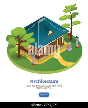 Concept d'architecture asiatique avec paysage de jardin et maison isométrique vecteur illustration Illustration de Vecteur