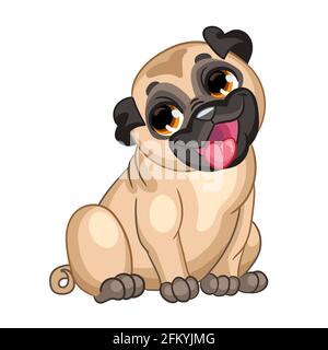 Mignon dessin animé chiot assis pug. Illustration vectorielle. Personnage de dessin animé. Pour la composition, l'impression et le design des tee-shirts, les affiches, les cartes, les autocollants, décor, pa Illustration de Vecteur